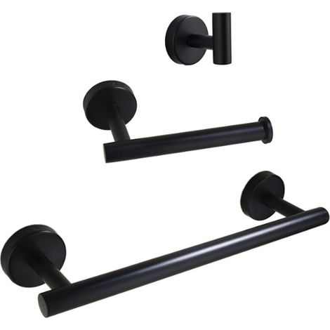 Accessoires de salle de bain noirs : barres de maintien, porte-serviettes, porte-anneaux.