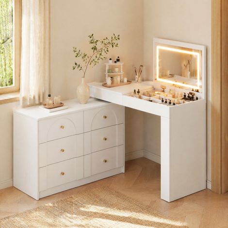 Tavolo da trucco girevole 105x40x80 cm, specchio LED a tre colori, 7 cassetti, truciolare bianco (1/5)