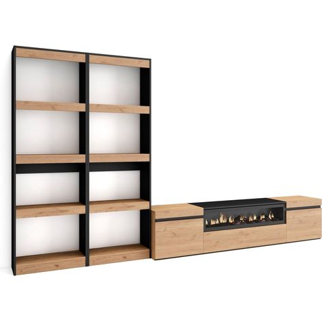 Skraut Home - Mobile Soggiorno TV, Parete Attrezzata Soggiorno, 320x186x35cm, Per TV fino a 80", Camino elettrico, Stile moderno, Rovere e nero (1/5)