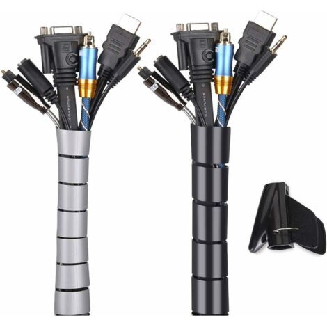 Cache Cable 2 Pack,Flexible Range Cable 2m PE Cable Rangement Organisateur de Cable pour Ranger ou Cacher les cables,Gaine pour cables(1.6cm),Noir et Gris