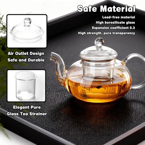 Teiera con infusore, teiera in vetro trasparente da 1000 ml con filtro rimovibile, teiera, teiera da fornello, ideale per tè e caffè sfusi, antigoccia (1/4)