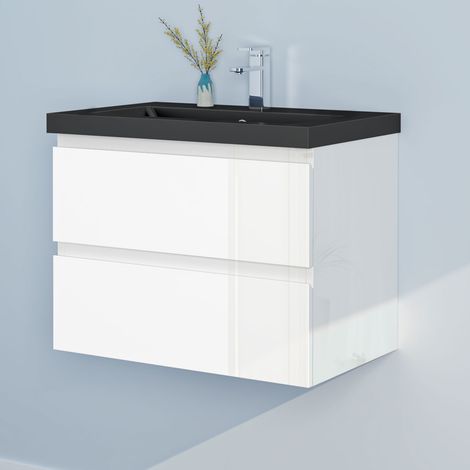 60cm Badmöbel Set Waschtisch mit Unterschrank Gäste WC Hochglanz Weiß Waschbecken Mineralguss Schwarz
