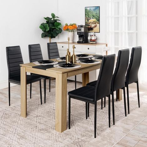 Esstischgruppe 6 Personen mit Hochlehner Kunstleder Stühlen, 160x80cm Eichenholzoptik (1/5)
