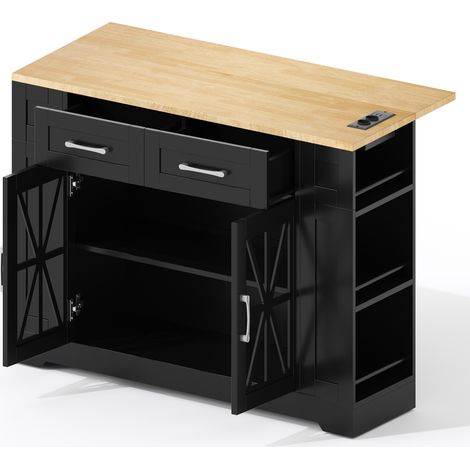 Isla de cocina móvil 120 cm en MDF con mesa abatible, USB, AC, puertas de vidrio y ruedas (1/5)