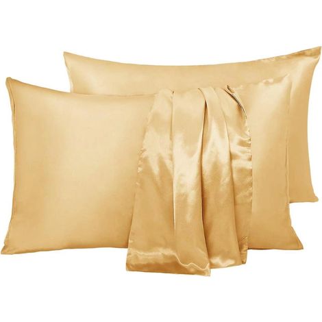 Lot de 2 taies d'oreiller en satin couleur champagne - 100 % microfibre douce pour le soin de la peau, anti-chute, anti-acariens, hypoallergénique (1/5)