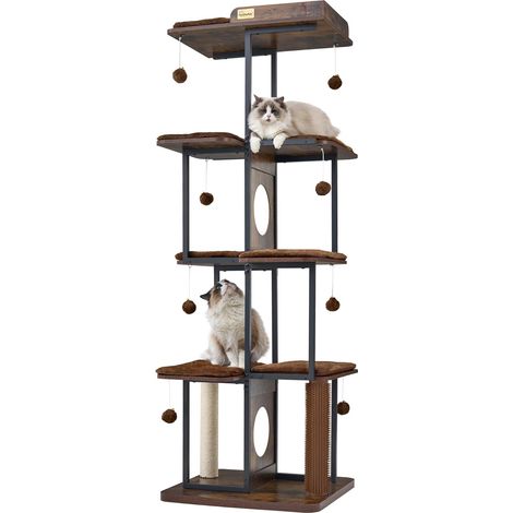 168 cm Arbre à Chat, Arbre à Chat Stable pour Grands Chats, Arbre a Chat Moderne pour l'intérieur, Tour en Bois pour Chats avec Grande Plateforme, Brun Rustique (1/5)
