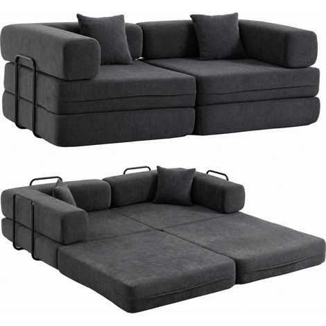 Canapé convertible 2 places - HOMCOM - assise et accoudoirs larges 2 coussins - chenille - 198x196x48cm - gris (1/5)