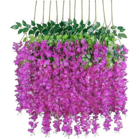 Guirlande de 12 fausses glycines artificielles - Greendec, 1,1 m/pièce, glycine en soie, fleurs suspendues pour la décoration de la maison, du jardin et des mariages, violet et rouge. (1/5)