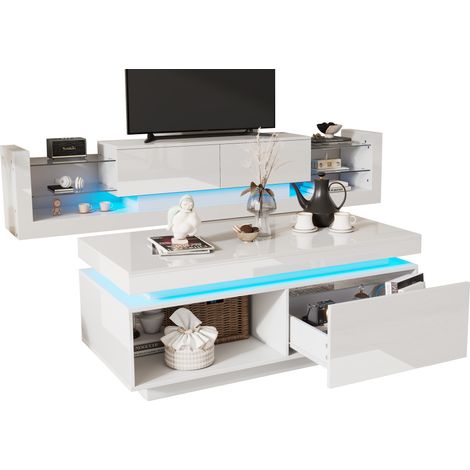 Table basse, blanc, pour salon, ensemble mural du salon, meubles TV + table basse, meuble mural TV haute brillance, Ensemble de placards TV brillants