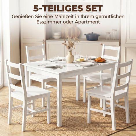 Table à manger rectangulaire blanche en bois massif avec 4 chaises, set de salle à manger 5 pièces pour petits espaces (1/5)