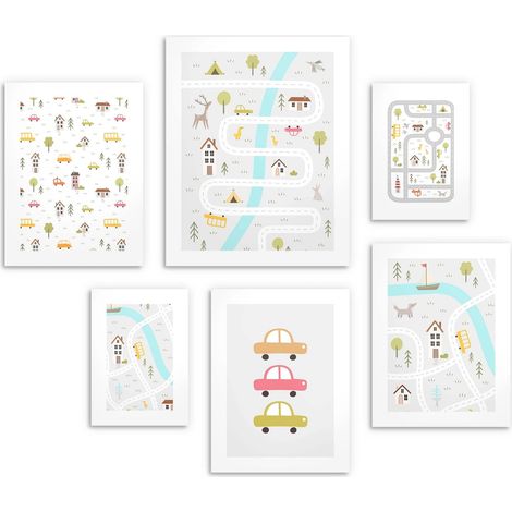 Poster für Kinder 6er Set Stadtautos Straßenbildergalerie 100x100 (1/5)