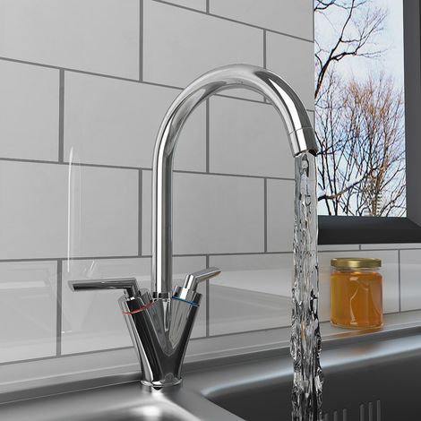 Modern Solid Brass Tap Swivel Spout Twin Dual Lever Kitchen Sink Mixer Faucet Chrome (1/6)