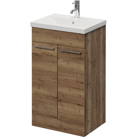 Napoli 390 Tobacco Oak 500mm 2 Door Vanity Unit with Glide Basin - 500mm - Chrome 160mm Handle