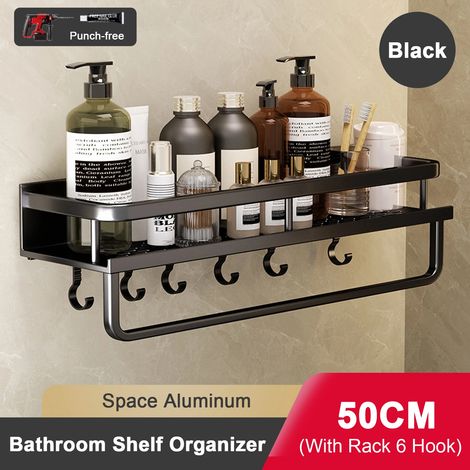 Étagère de salle de bain (50 cm, noire) sans perçage, en aluminium, à suspendre au mur. (1/5)