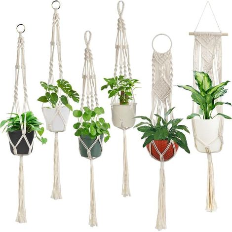 Ensemble de 6 supports pour plantes en macramé faits main - Porte-plantes en corde de coton avec 4 pieds et 4 styles différents - Support décoratif pour pots de fleurs à suspendre (1/5)