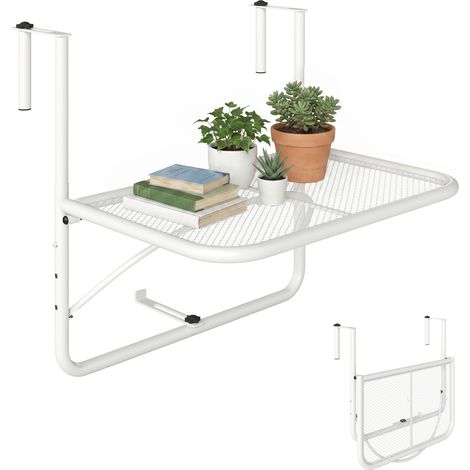 Table de balcon suspendue avec bras réglable et structure métallique réglable en hauteur (3 positions), 60 x 56 x 50 cm, blanche (1/5)