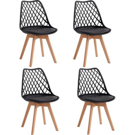 Lot de 4 chaises de salle à manger, dossier ajouré, pieds en hêtre, assise simili cuir noir (1/5)