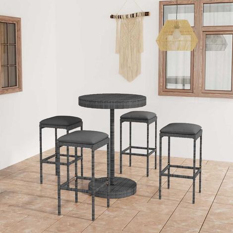 Ensemble Table de bar + 4 Chaises de bar de jardin - Table Haute avec 4 Tabourets et coussins Résine tressée Gris BV269232 - BonneVie (1/5)