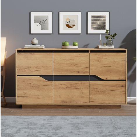 Aparador de 140 x 40 x 70 cm con 3 puertas, estantes regulables, negro y madera HAVRYA (1/5)