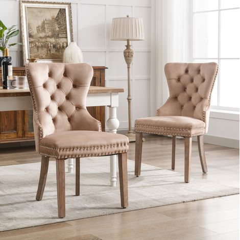 Silla de comedor de terciopelo color café claro con patas regulables de madera maciza, 53 x 46,5 x 95 cm, 2 uds. (1/5)