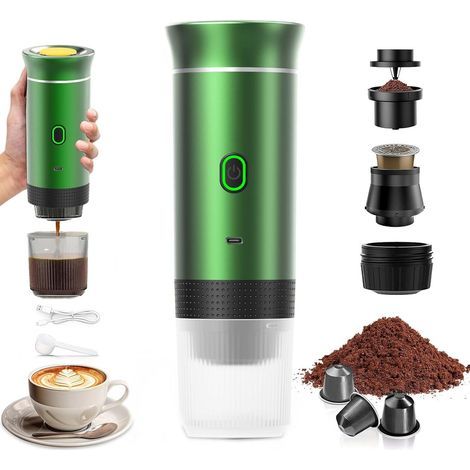 Macchina da caffè portatile da viaggio VHV, riscaldamento rapido 3 in 1, 12V, riscaldamento automatico in 4-6 minuti, capsule grandi, caffè macinato, ideale per campeggio, ufficio, casa e auto (verde) (1/5)