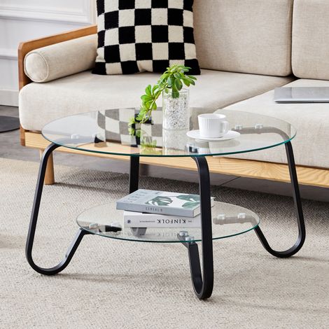 Table basse ronde à 2 niveaux avec verre trempé et structure métallique noire (1/5)