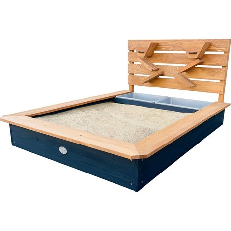 Bac à sable en bois 114 x 91 x 58 cm – Mur de jeu avec entonnoirs et tablettes – Couvercle et toile de fond inclus – AXI