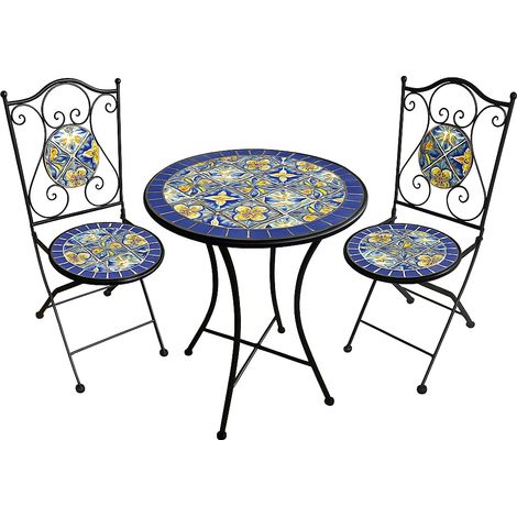SET ESTERNO GIARDINO TAVOLO E 2 SEDIE CON INSERTI IN CERAMICA MODELLO "CANNES"