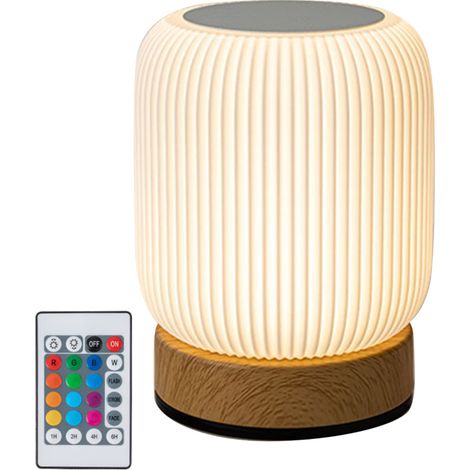 Tragbare, berührungsempfindliche Nachttischlampe in Holzoptik mit eingebautem Akku.