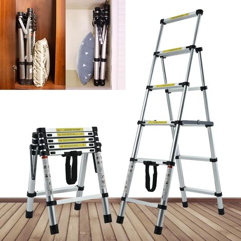 4+5 Aluminum Telescopic Folding Step Ladder 4.5FT Heavy Duty Telescoping Ladder 330lb Max Load Portable Multi-Purpose Meticulous Folding Ladder with Handrails Safety Lock Anti-slip Widened Pedal (1/5)