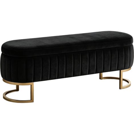 Banc coffre de lit en velours noir, rangement 130 cm, pieds métalliques dorés et structure en bois, banquette pour chambre et entrée CHICFURN (1/5)