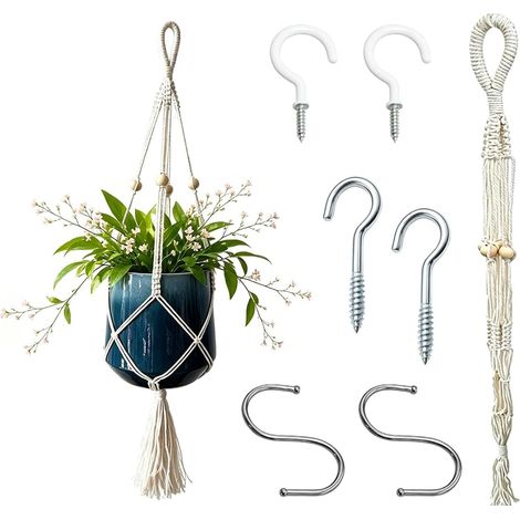 Lot de 2 Suspension Plante Macramé Intérieure avec Kit Complet de Fixation, Corde Coton Naturel Pot Suspendu Décoration Bohème pour Salon Balcon, Inclus Crochets S et Plafond pour Support Pot Fleurs (1/5)