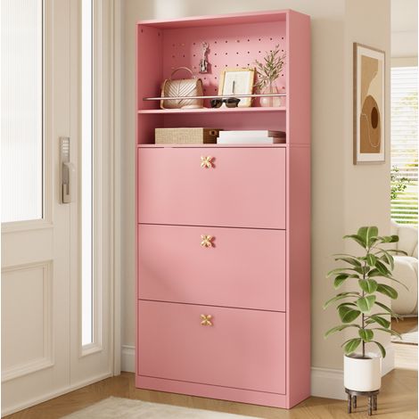 Zapatero con 3 puertas abatibles y 2 huecos abiertos rosa 80 x 24 x 178,5 cm DESVIAE (1/5)