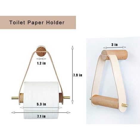 Porte-papier hygiénique mural en bois et cuir, porte-rouleaux de papier de soie rustique, accessoires de salle de bain gracieux et naturels avec vis auto-adhésive sans soudure (blanc cassé) (1/4)