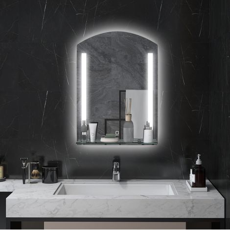 Miroir de salle de bains éclairé LED 50x70 cm aluminium argent IP44 tablette verre - CHICFURN (1/5)