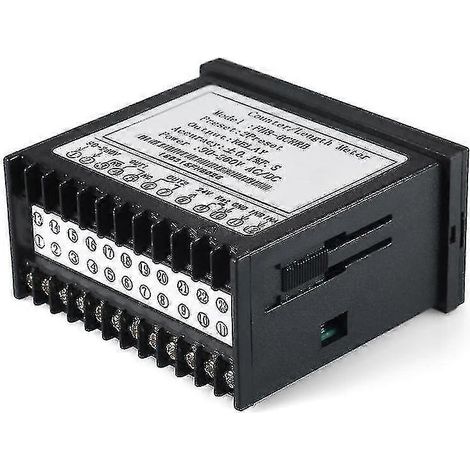 Compteur numérique multifonctionnel à double affichage LED, 90-265 V AC/DC, avec 2 sorties relais et entrées PNP/NPN à impulsions.