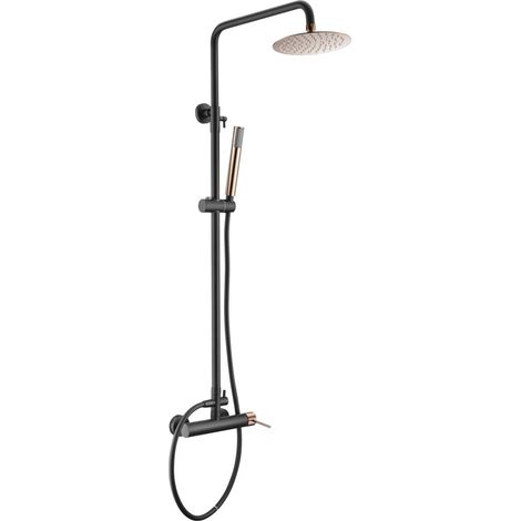 Ensemble colonne de douche monocommande avec barre extensible, douchette et poignée - Robinetterie de salle de bain Noir Mat et Or Rose (1/4)