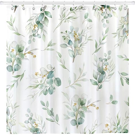 Rideau De Douche, Feuille D'eucalyptus Verte Doré Lavable 182x182 cm Imperméable Polyester Rideau De Bain pour Baignoire, Salle De Bain Décor avec œIllets Et 12 Crochets (1/5)