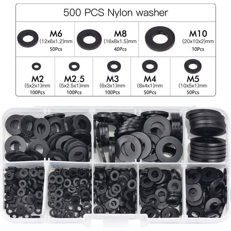500 Stück schwarze Kunststoffscheiben, Sicherungsscheiben, Befestigungselemente, selbstsichernde Unterlegscheiben, Sortiment, mechanische Unterlegscheiben M2,5, M3, M4, M5, M6, M8, M10