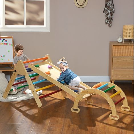 Estructura de escalada infantil 5 en 1 de madera con rampa y puente, 18-48 meses, multicolor, OKWISH (1/5)