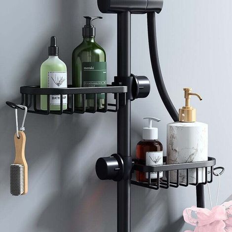 Etagère et rangement de douche-Lot de 2 Étagère Douche Sans Percage Inox, Étagère Salle de Bain Télescopique Inoxydable, Tablette Support Douche, Porte Savon Barre Douche, noire (1/4)