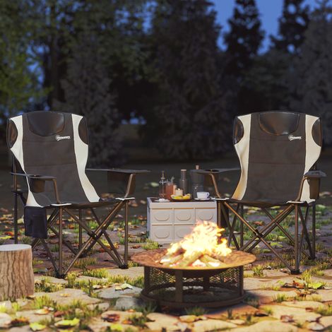 Ensemble de 2 chaises pliantes de camping, accoudoirs + porte-gobelet + appui-tête + sac isotherme, noires (1/5)