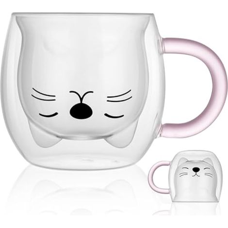 Tasse Chat Mignon Double Paroi en Verre, 250ml Tasse à Café Isotherme, Tasse à Lait et Café avec Anse, Cadeau Noël Anniversaire pour Femme, Épouse, Maman, Petite Amie, Sœur, Amies - Rose