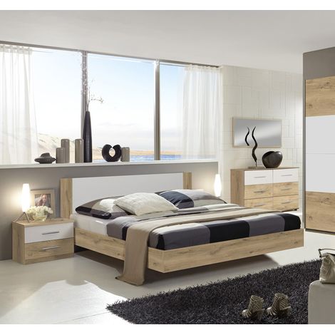 Pegane – Chambre complète adulte 160x200 cm en panneaux mélaminés imitation chêne poutre – 2 tables de chevet et commode 6 tiroirs