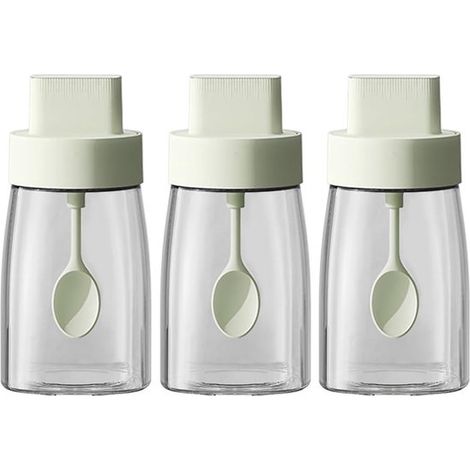 3-teiliges Gewürzglas-Set aus Natrium-Calcium-Glas, mit ausziehbarem Löffel und Deckel, luftdichtem Verschluss, grün, 6,7 x 6,7 x 14 cm (1/5)