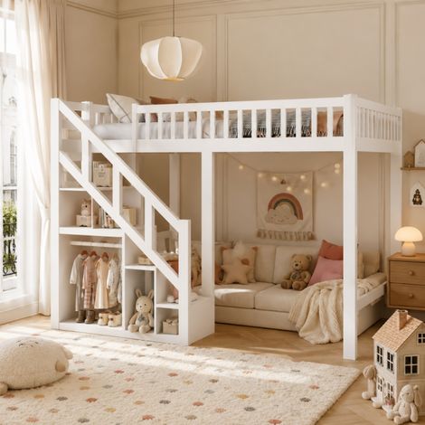 Lit superposé 140 x 200 cm pour 2 enfants, Lit mezzanine 2 places, Bois massif blanc, Escalier avec rangement, cadre de lit avec protection anti-chute et sommier à lattes, blanc