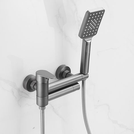 Mitigeur bain-douche mural gris canon (gun metal) en laiton massif, robinet de baignoire avec douchette ABS 3 jets, bec pivotant à 90°, eau chaude et froide, ensemble bain-douche moderne, finition éle (1/3)