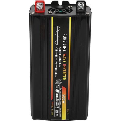 Onduleur HZ-500 500W Pure Wave : DC12V vers AC220V avec affichage LED, 1 prise universelle, 2 ports USB, livré avec chargeur de voiture et câble de batterie à pinces crocodiles. (1/5)