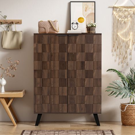Meuble à chaussures moderne 80x35,5x110 cm - 2 portes - 5 compartiments - Étagères réglables - Finition imitation bois - Marron (1/5)