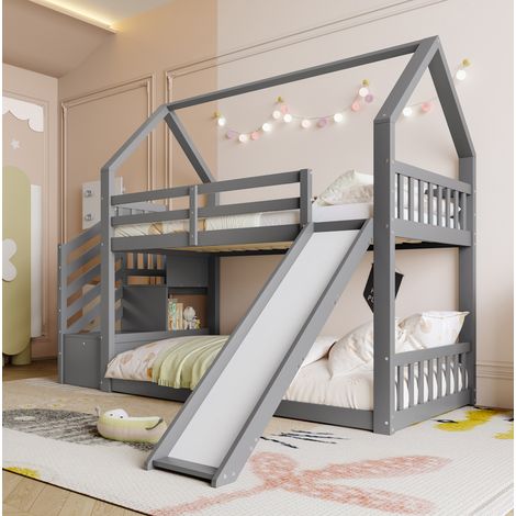 DESVIAE Lit superposé cabane avec toboggan et escalier de rangement pour enfants 90 x 200 cm gris (1/5)